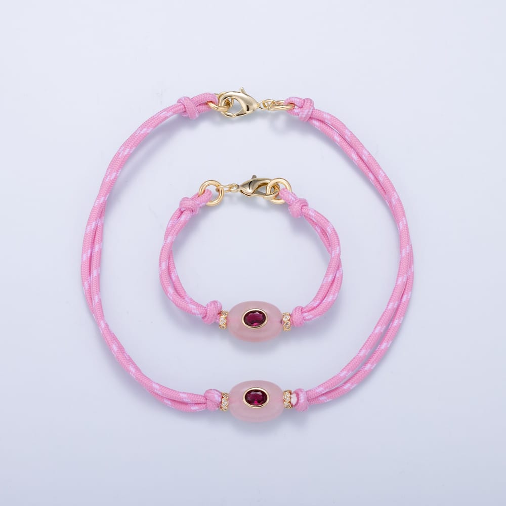 16K Gold Filled 6.5mm Pink CZ Quartz Gemstone Cotton Cord Paracord Chain Adjustable 7 Inch Bracelet, 15 Inch Necklace | WA-02298 WA-02299