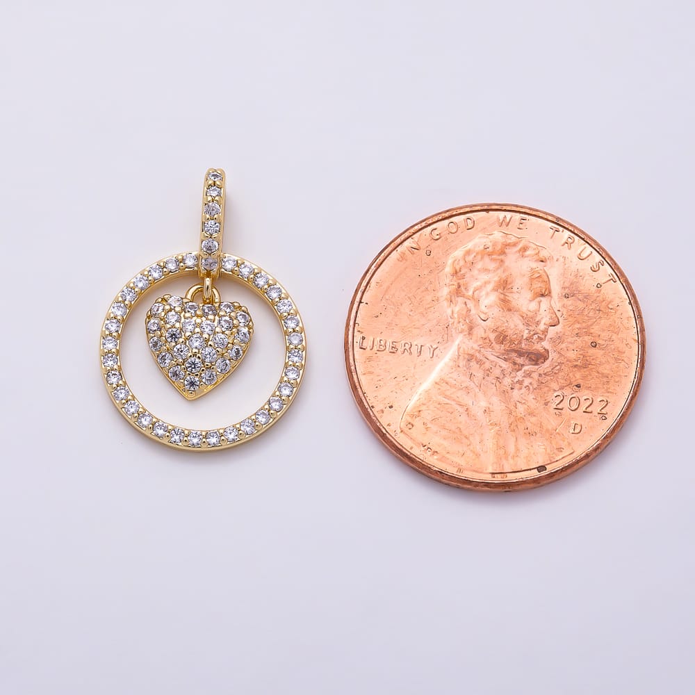 16K Gold Filled 18mm Micro Paved CZ Heart Round Open Drop Pendant | Charms-02230