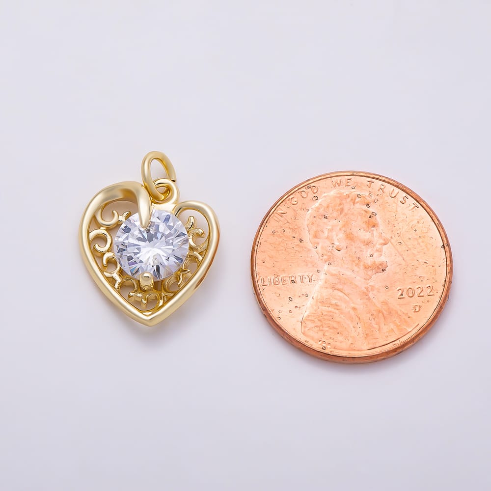 16K Gold Filled 15mm Clear Round CZ Filigree Open Heart Charm in Gold & Silver | Charms-02266 Charms-02267