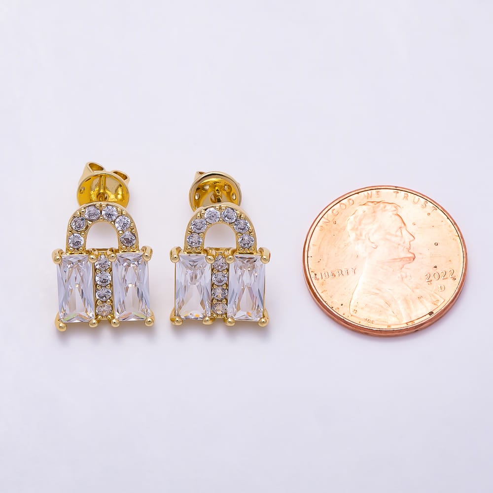 16K Gold Filled 15mm Clear Baguette CZ Handbag Lock Motif Stud Earrings| Earrings-00888 - Earrings-00889