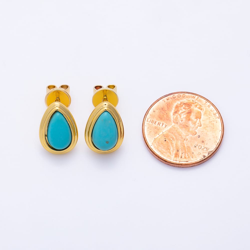 16K Gold Filled 13mm Blue Turquoise Teardrop Bezel Stud Earrings | Earrings-01253