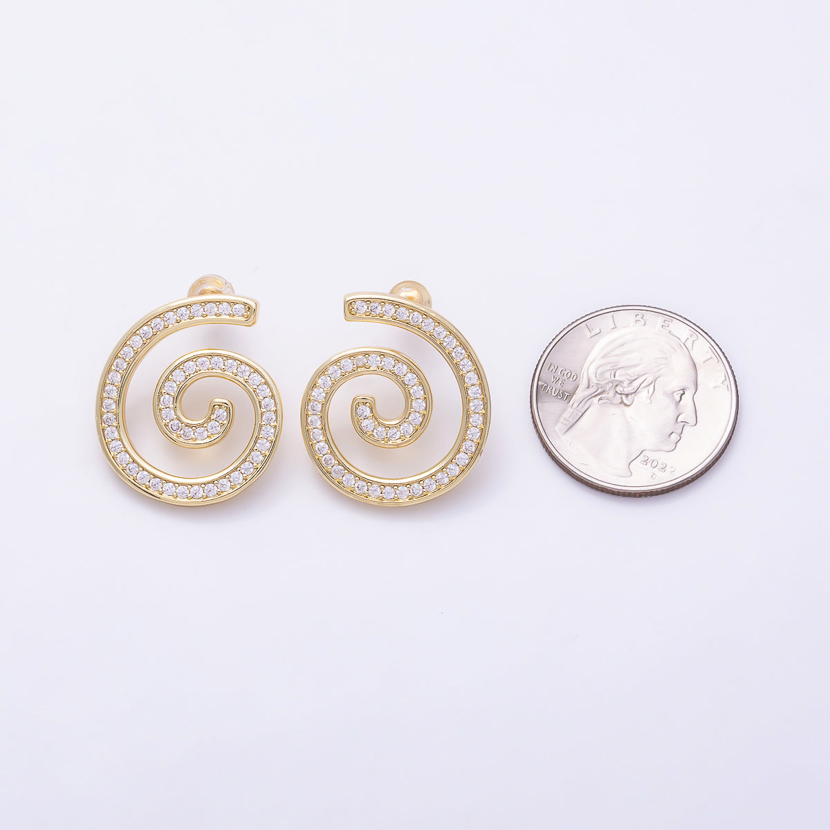 16K Gold Filled 24mm Micro Paved CZ Spiral Swirl Open Stud Earrings in Gold & Silver | Earrings-00858 - Earrings-00859