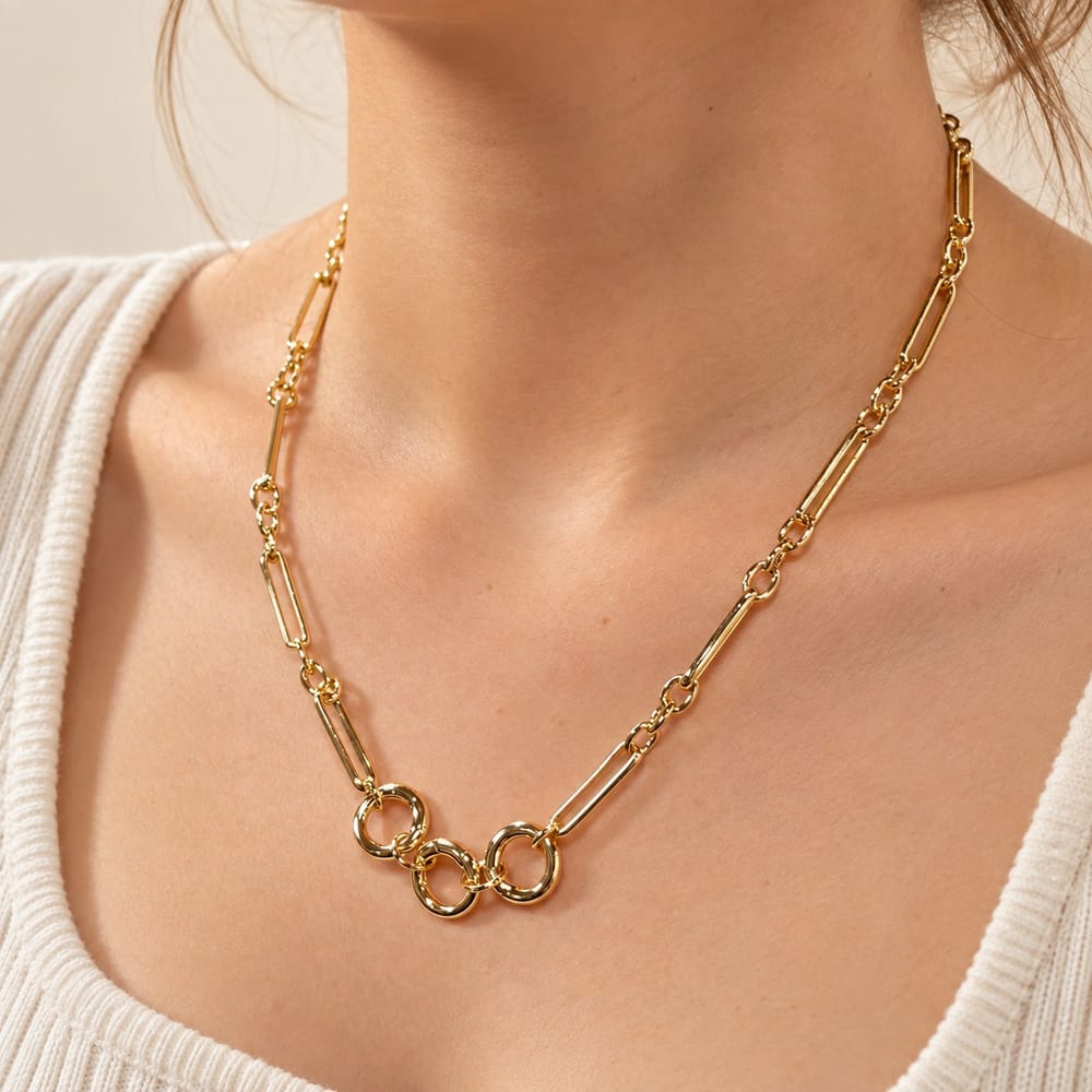 16K Gold Filled 5mm Triple Push Gate Charm Connector Holder Ring Paperclip Chain 19 Inch Necklace | WA-02284