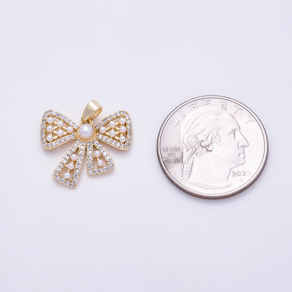 16K Gold Filled 20mm Micro Paved CZ Shell Pearl Ribbon Bow Pendant | Charms-02181