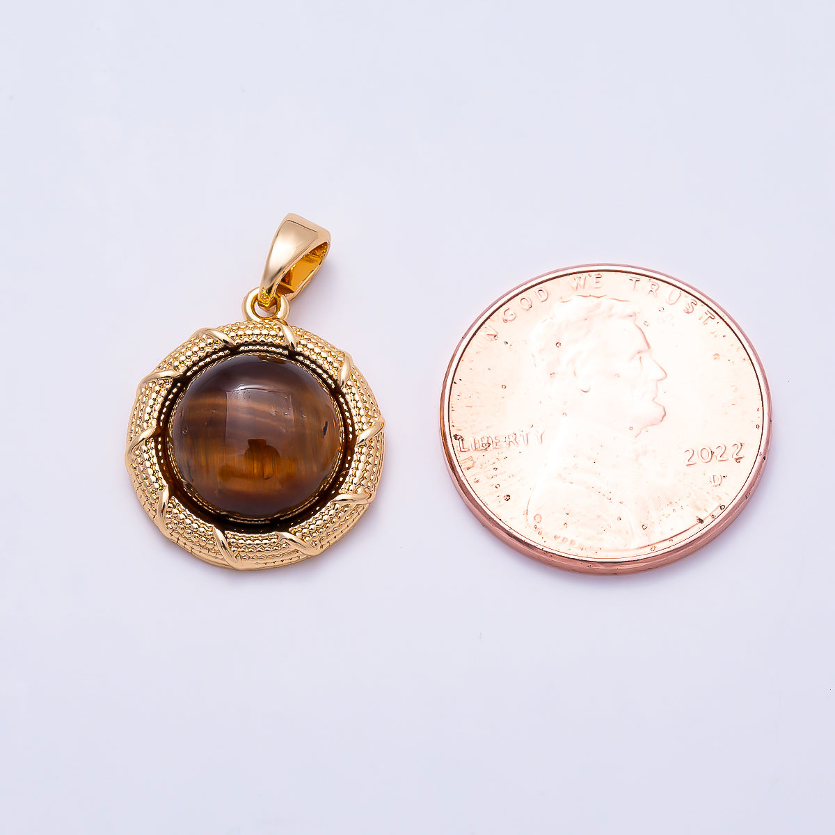 16K Gold Filled 17mm Tiger Eye Cabochon Dotted Lined Bezel Round Pendant | Charms-01499