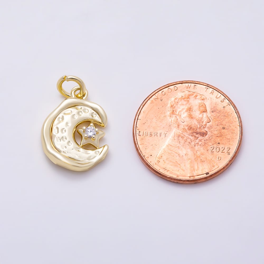 16K Gold Filled 15mm Clear CZ Hammered Crescent Moon & Star Pendant Charm | Charms-02140 - Charms-02141