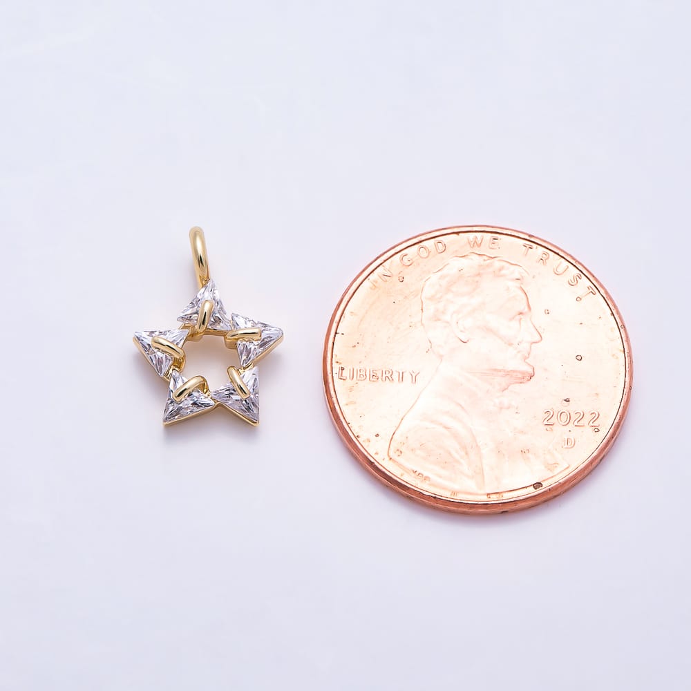 16K Gold Filled 13mm Trillion-Cut Clear CZ Hollow Pentagram Star Charm | Charms-02156 - Charms-02157