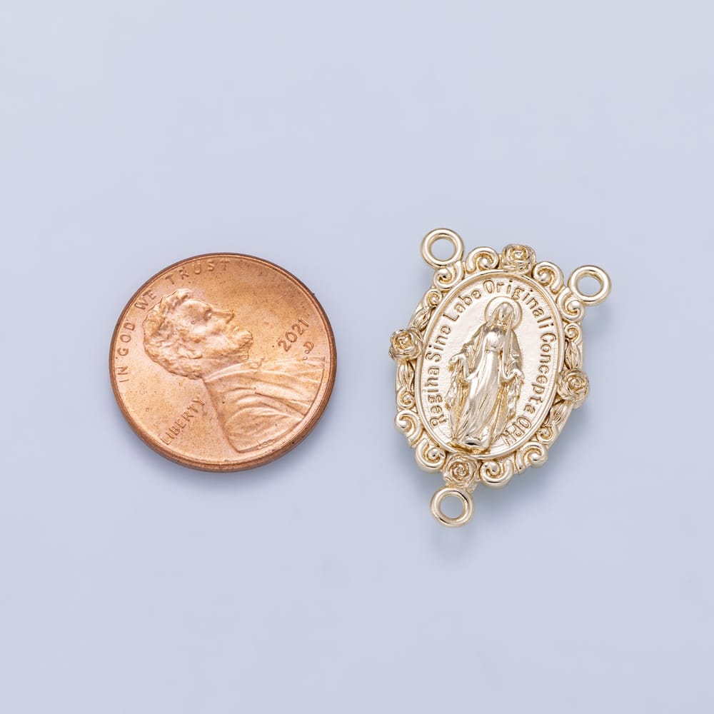 16K Gold Filled 25mm Miraculous Mary "Regina Sine Labe Originali Concepta OPN" Rose Bezel Religious Triple Connector | Findings-00157