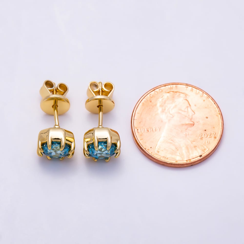 16K Gold Filled 17mm Blue Round CZ Claw Prong Solitaire Stud Earrings| Earrings-00903
