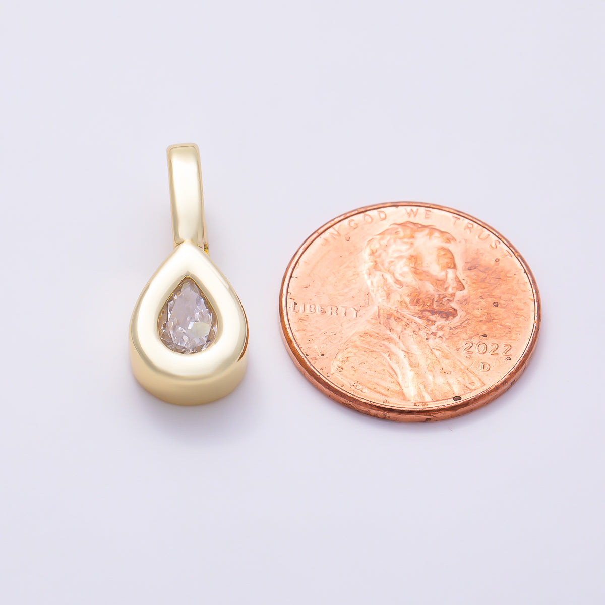 16K Gold Filled 20mm Clear Pear-Cut Clear CZ Bezel Teardrop Pendant | Charms-02096