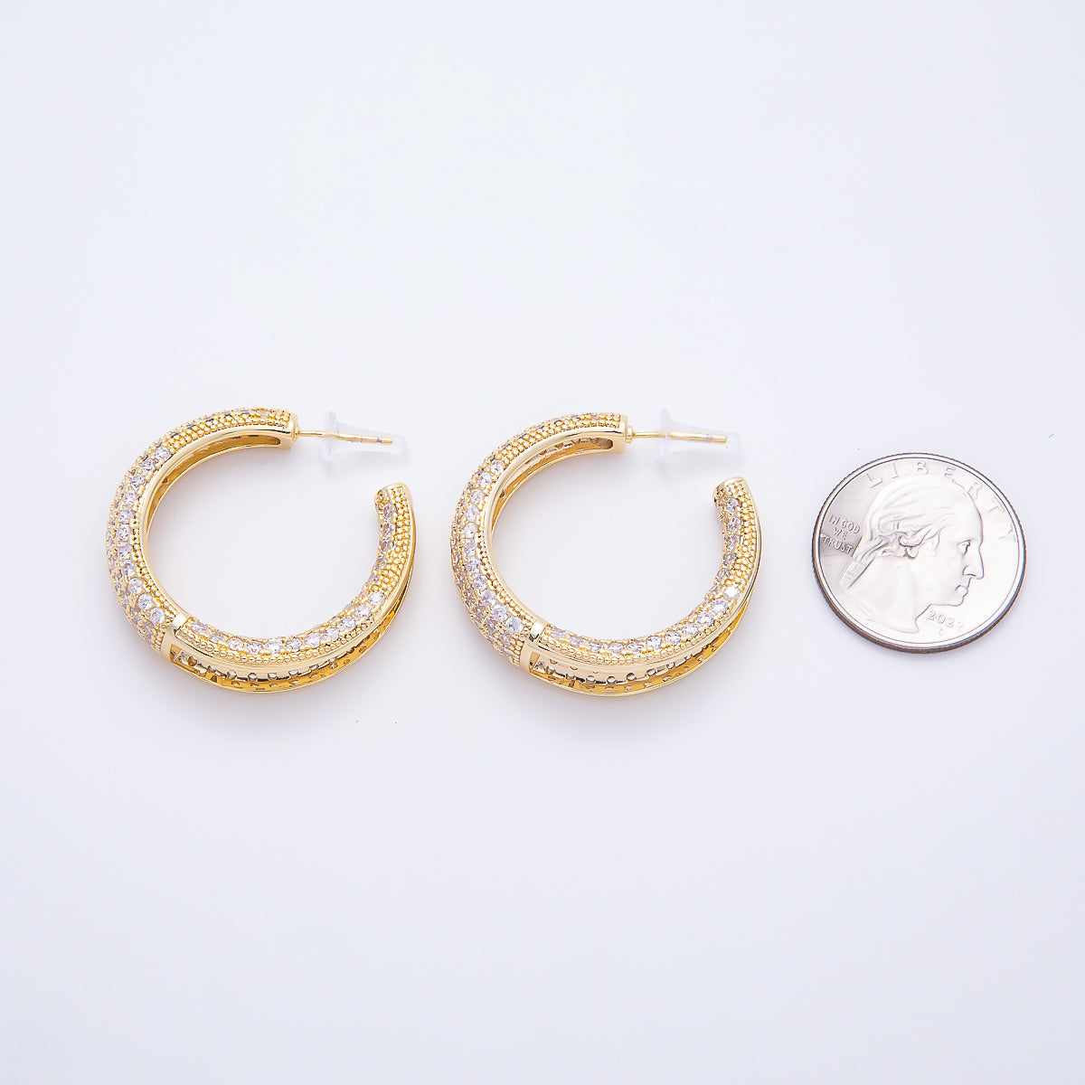 16K Gold Filled 33mm Micro Paved CZ Chunky Open Hoop Earrings in Gold & Silver | Earrings-00849 - Earrings-00850