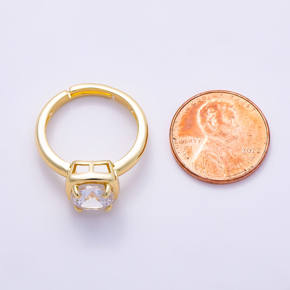 16K Gold Filled Round Solitaire CZ Square Bezel Adjustable Ring | Rings-00418