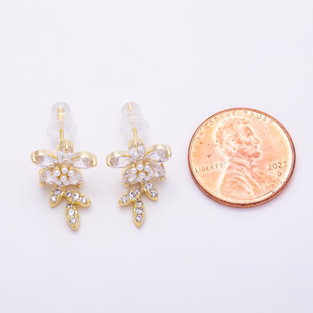 16K Gold Filled 20mm Micro Paved CZ Shell Pearl Leaf Flower Drop Stud Earrings in Gold & Silver | Earrings-01011 Earrings-01012