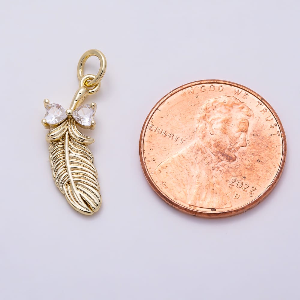 16K Gold Filled 19mm Double Heart Clear CZ Textured Feather Bow Charm | Charms-02144 - Charms-02145