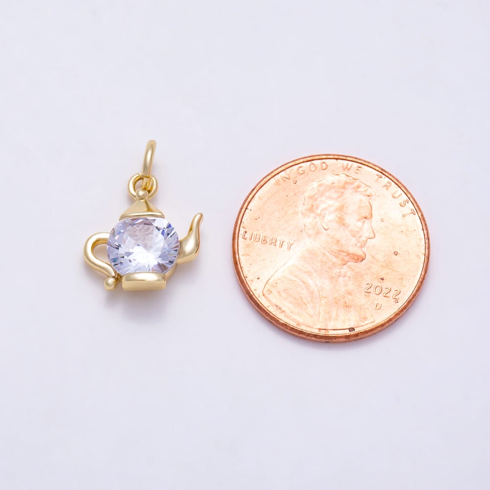 16K Gold Filled 12mm Solitaire Round Clear CZ Teapot Kettle Charm | Charms-02194