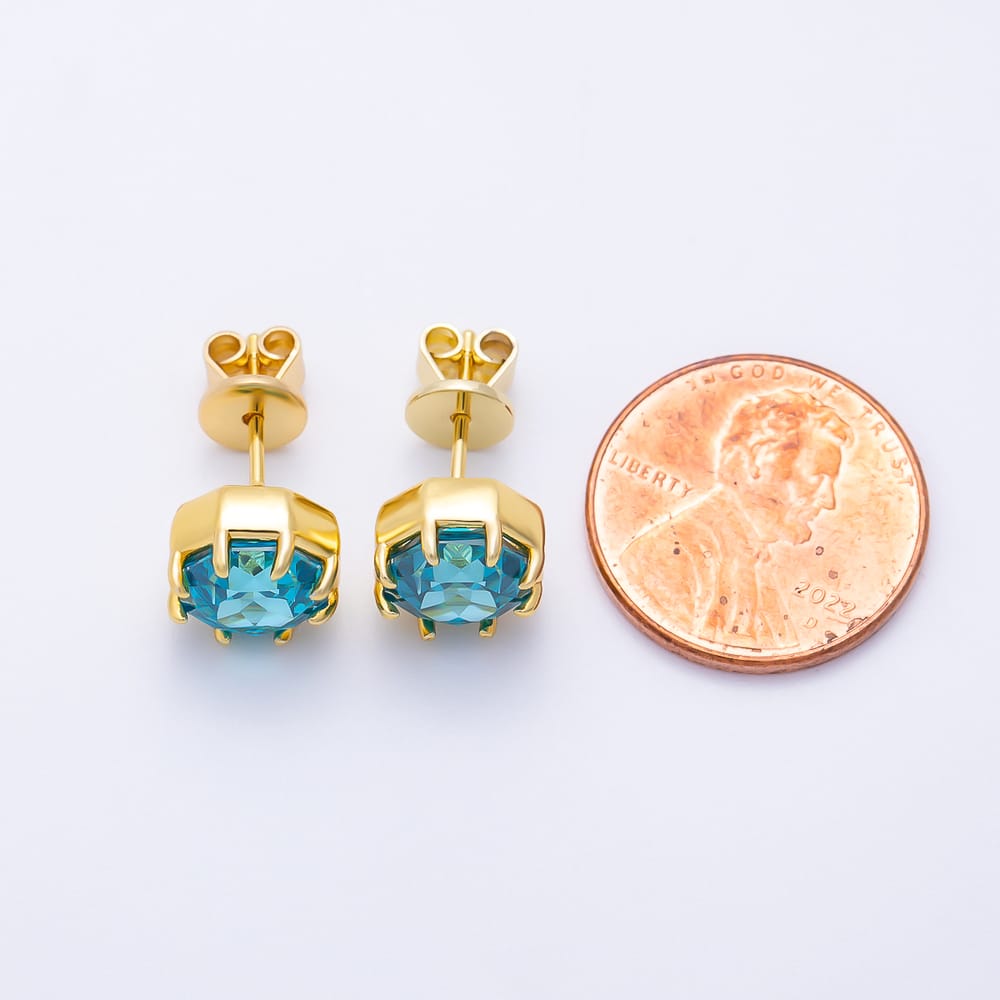 16K Gold Filled 10mm Blue, Green CZ Hexagon Prong Solitaire Stud Earrings | Earrings-01255 Earrings-01256