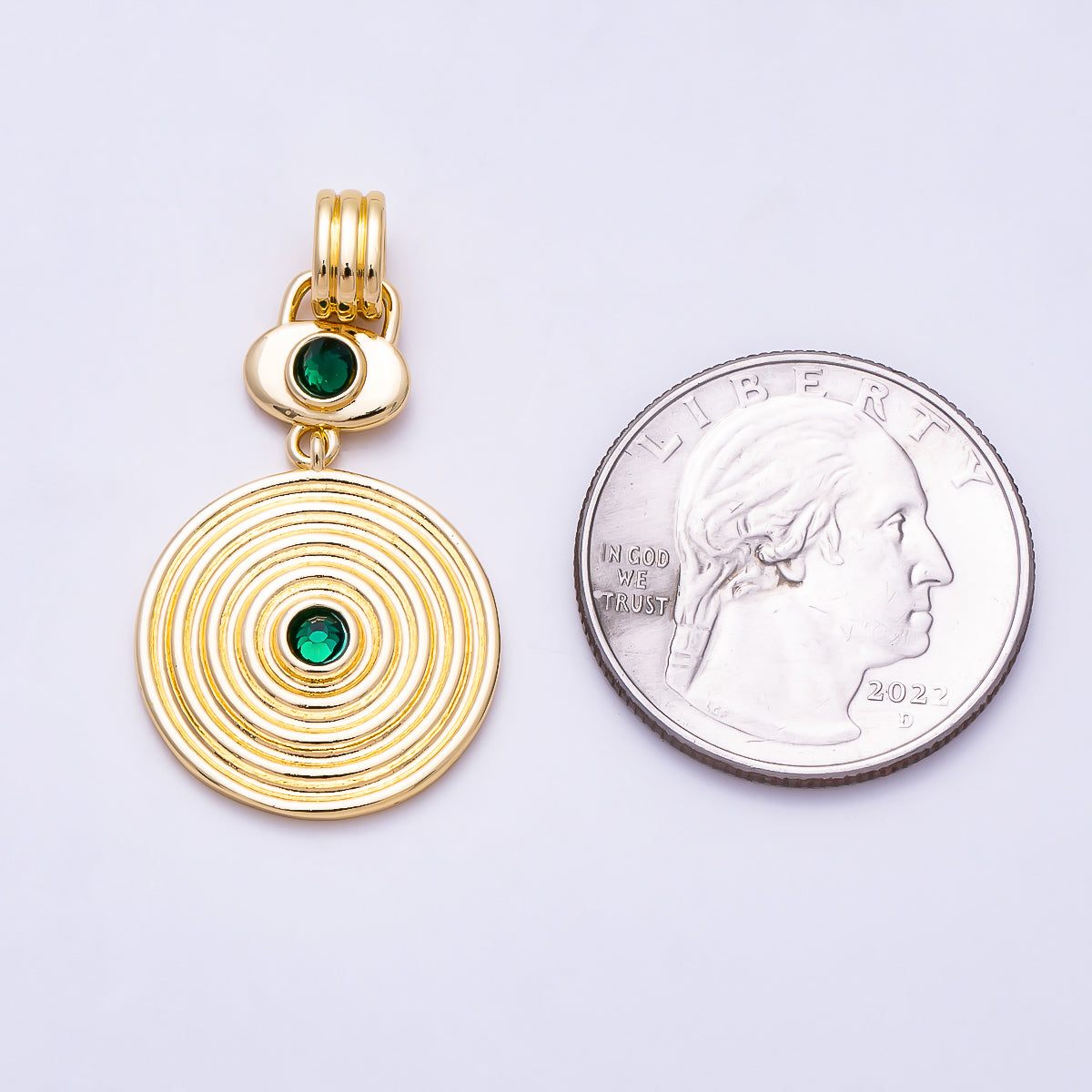 16K Gold Filled 36mm Green CZ Geometric Ribbed Round Double Drop Pendant | Charms-01993