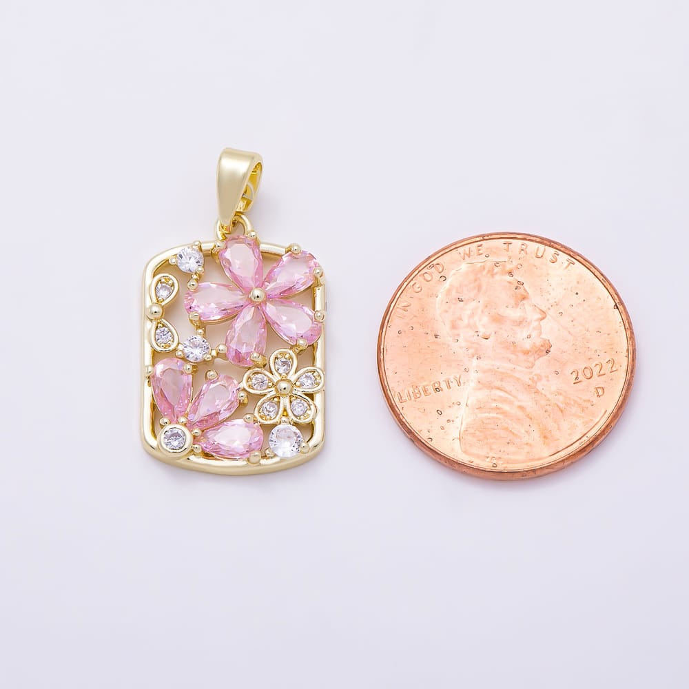 16K Gold Filled 20mm Pink Clear CZ Flower Open Rectangle Tag Pendant | Charms-02381
