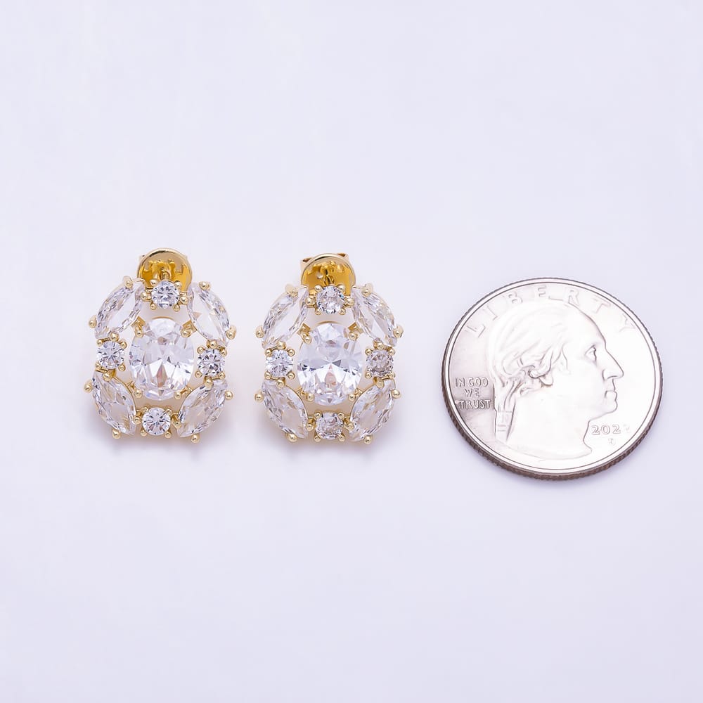 16K Gold Filled 17mm Oval & Marquise CZ Floral Cluster Stud Earrings in Gold & Silver | Earrings-00886 - Earrings-00887