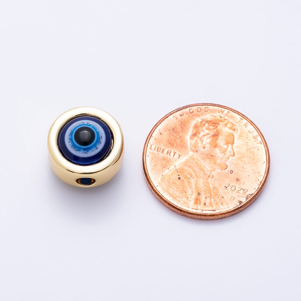 16K Gold Filled 11mm Blue Enamel Evil Eye Round Bezel Bead in Gold & Silver | Beads-00641 Beads-00642