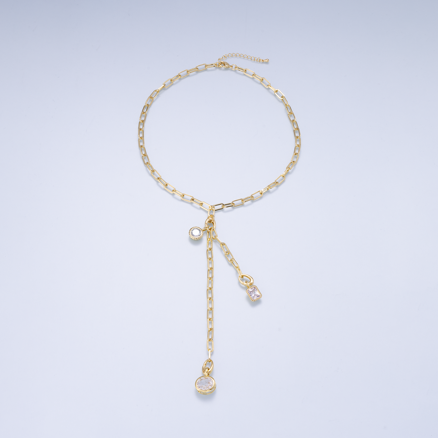 16K Gold Filled 5mm Minimalist Double Drop Lariat Paperclip Chain Push Gate Charm Holder 16 Inch Necklace | WA-00135