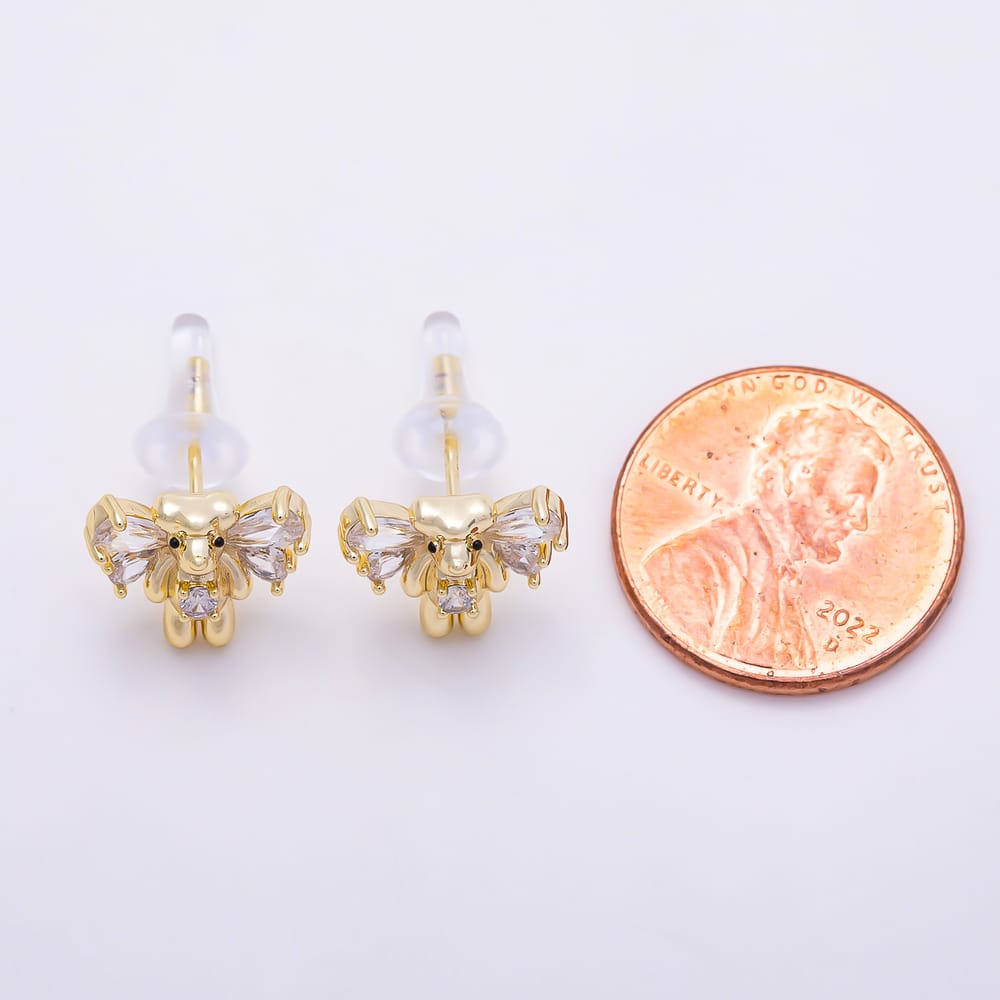 16K Gold Filled 12mm 3D Teddy Bear Clear CZ Crystal Wings Stud Earrings| Earrings-00987 - Earrings-00988