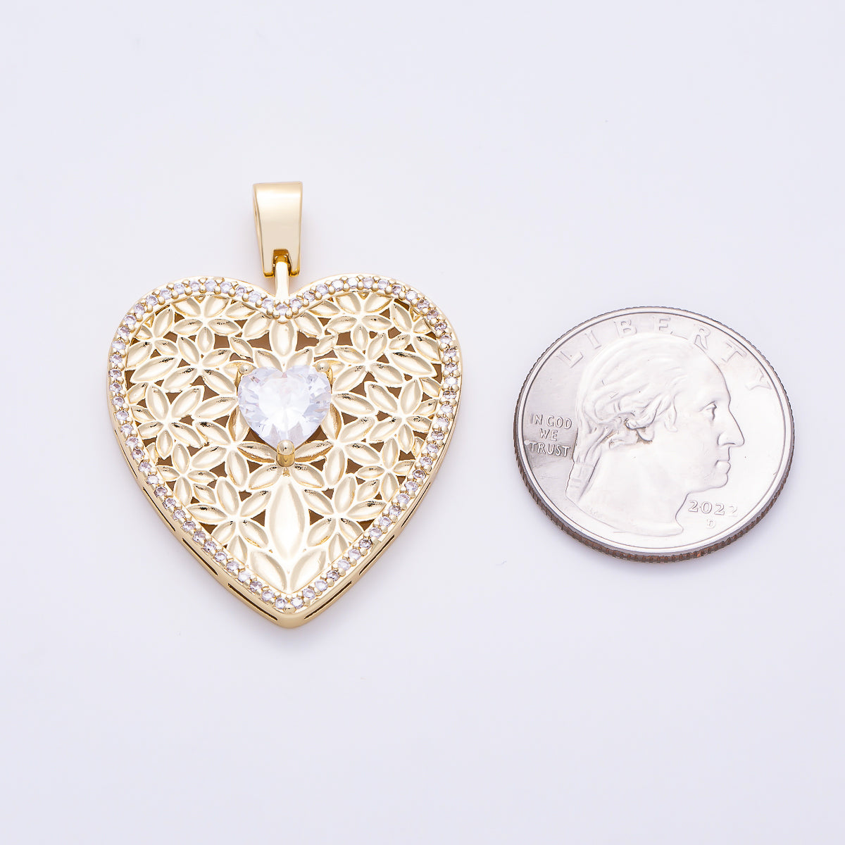 16K Gold Filled 41mm Heart CZ Filigree Flower Openwork Heart Pendant | Charms-01651