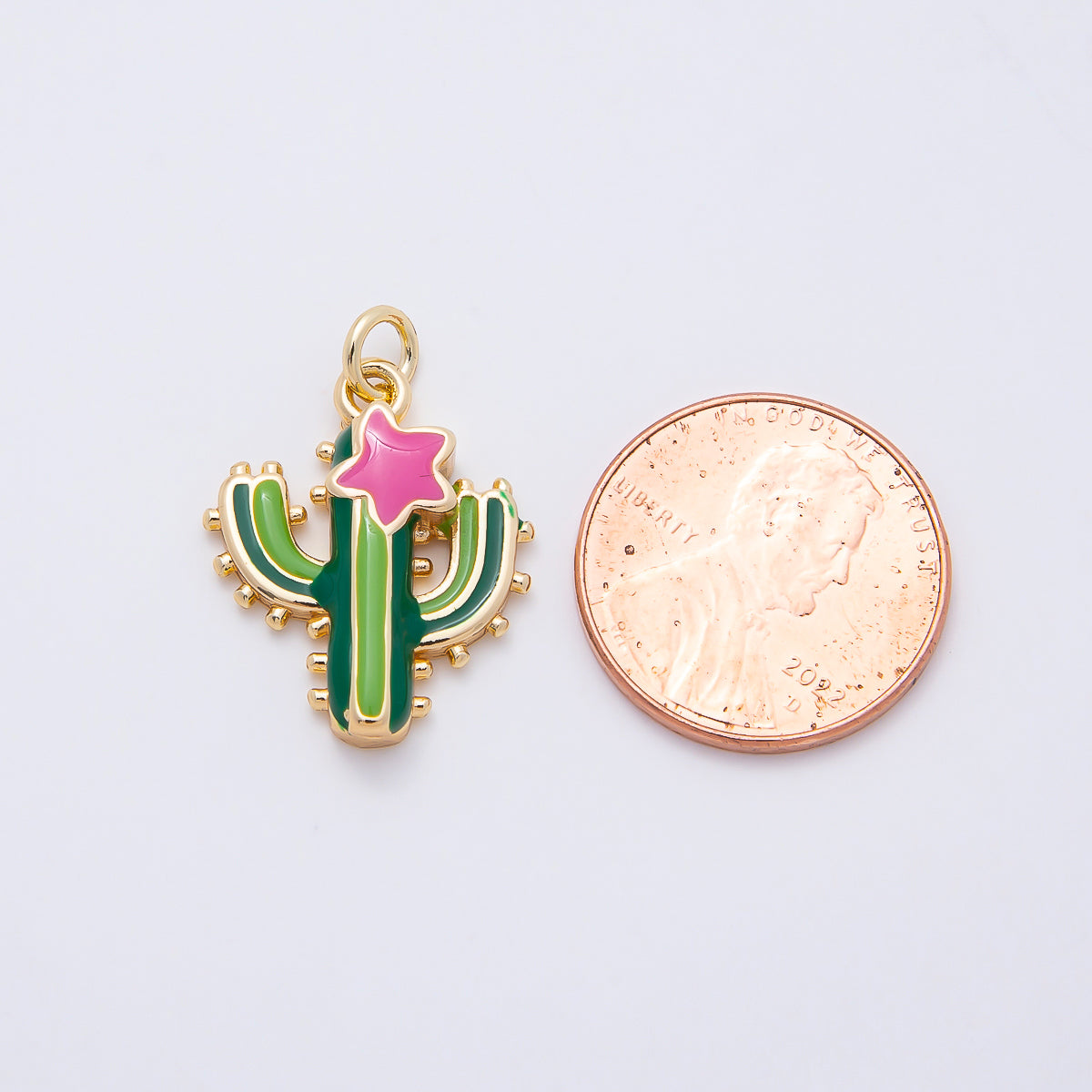 16K Gold Filled 20mm Pink Star Green Cactus Plant Charm | Charms-01055