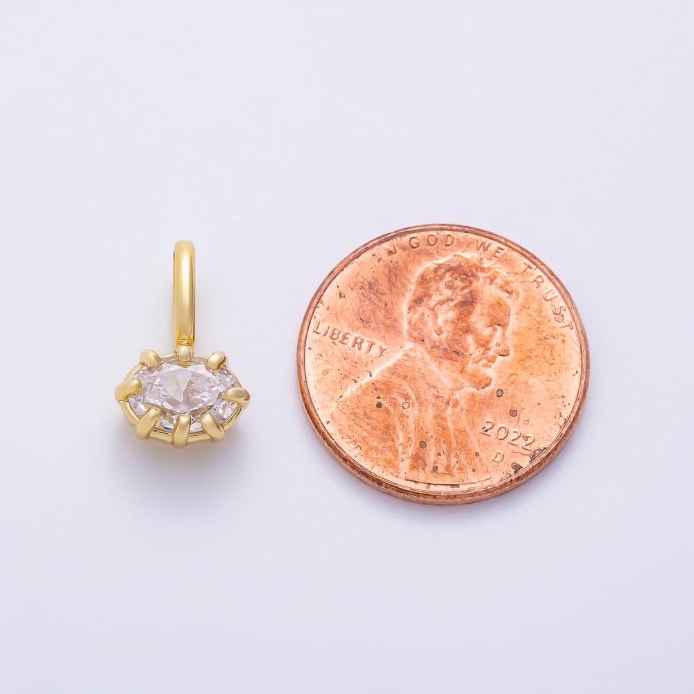 16K Gold Filled 14mm Mini Oval East West Clear CZ Georgian Set Bezel Solitaire Pendant in Gold & Silver | Charms-02424 Charms-02425