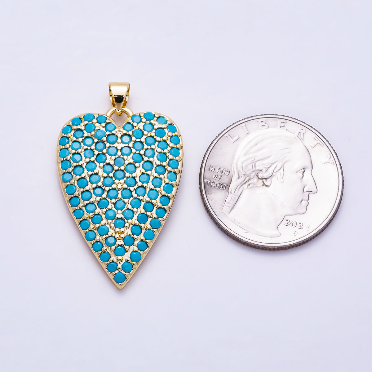 16K Gold Filled 32mm Clear, Fuchsia, and Turquoise Micro Paved CZ Elongated Heart Pendant | Charms-01774 - Charms-01776