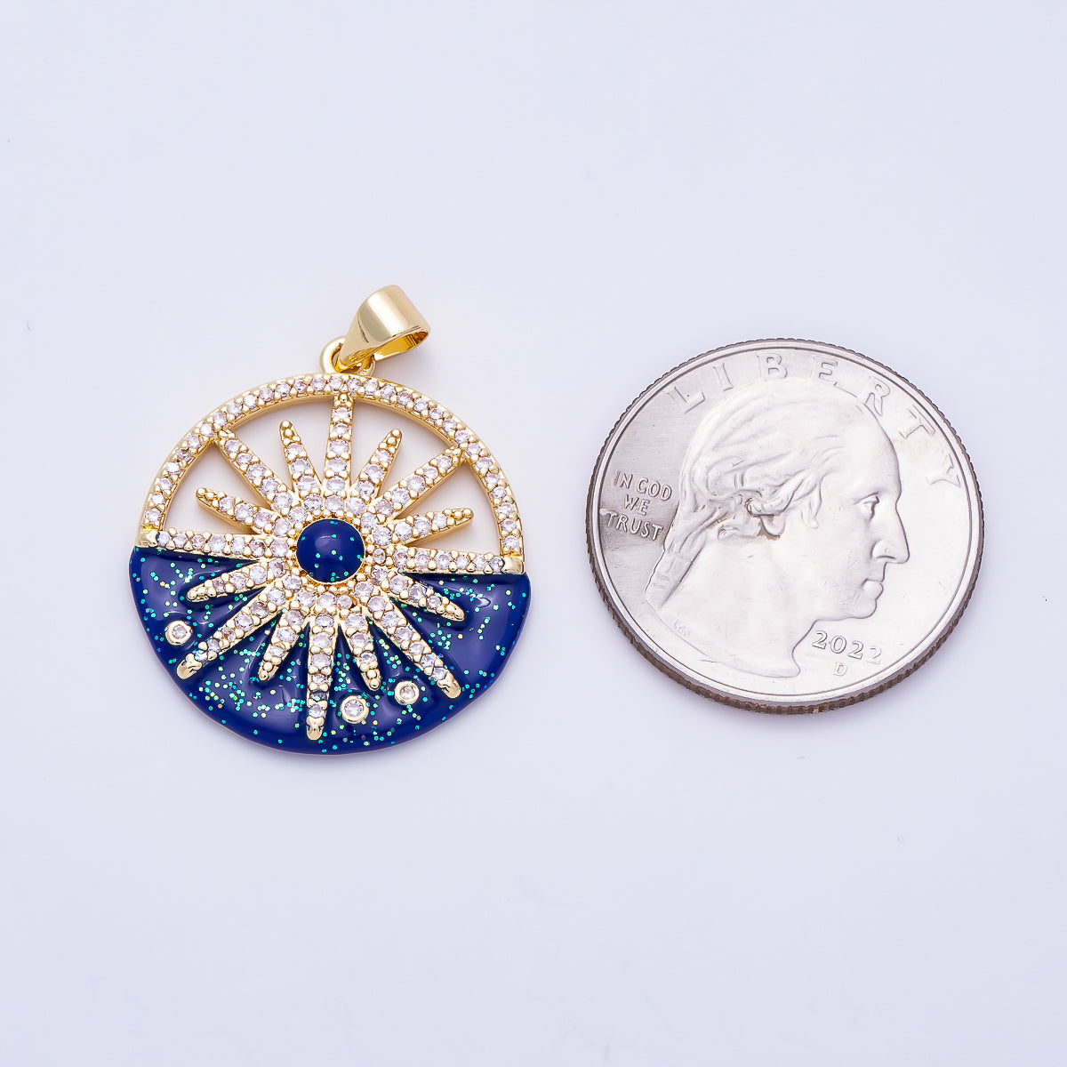 16K Gold Filled 27mm Blue Clear Micro Paved CZ Celestial Sun Open Round Pendant | Charms-01489