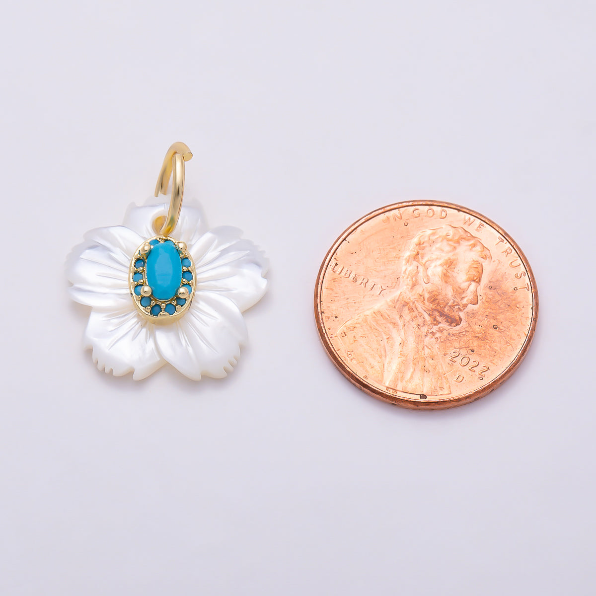 16K Gold Filled 17mm Clear & Turquoise Oval Bezel CZ Mother of Pearl Cherry Blossom Flower Charm | Charms-01877 - Charms-01878