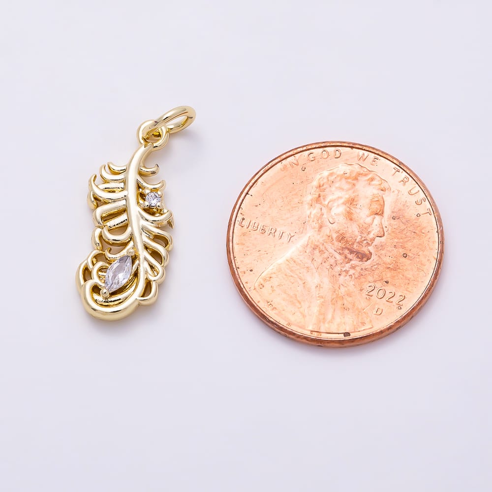 16K Gold Filled 19mm Clear CZ Curved Feather Marquise Charm | Charms-02115 - Charms-02116