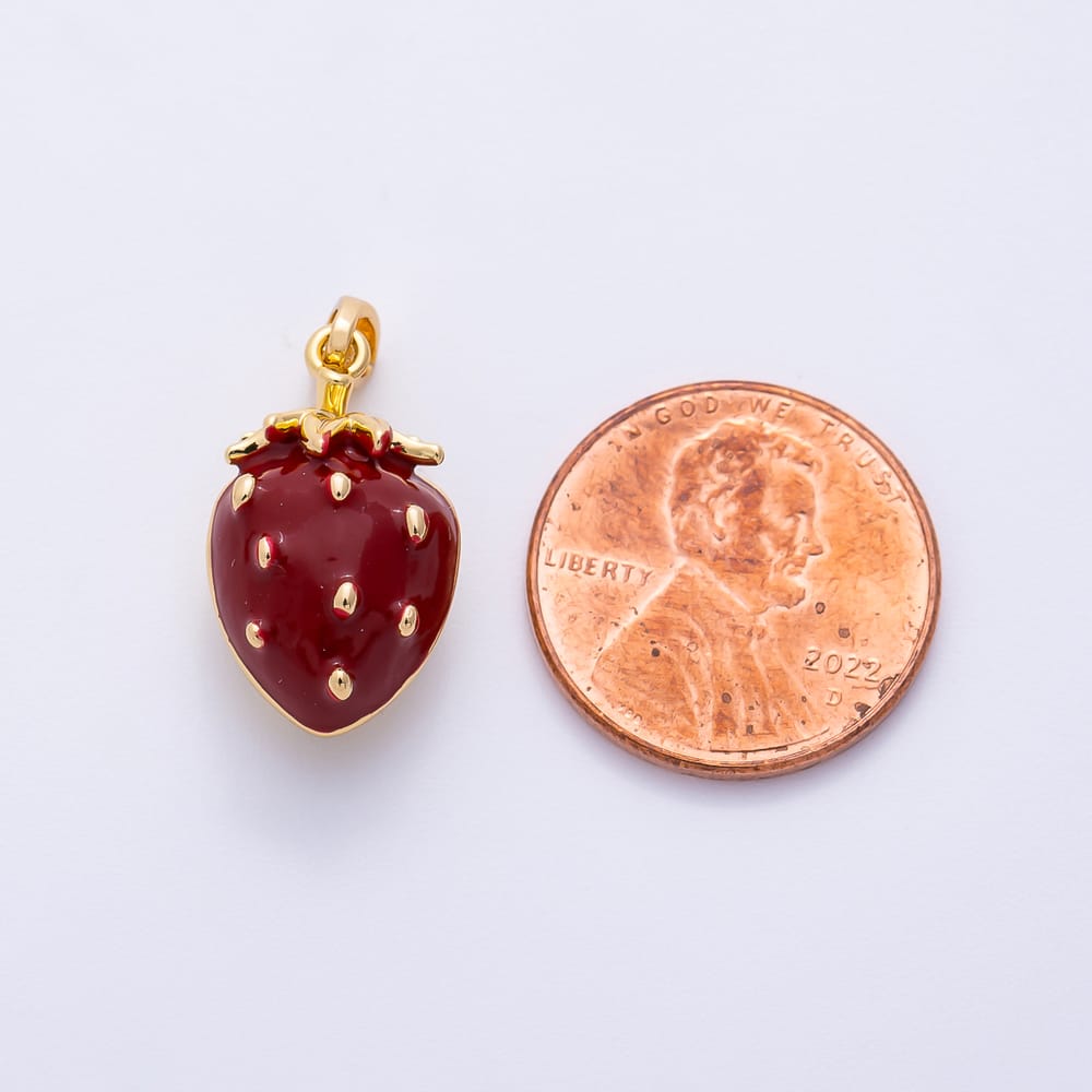 16K Gold Filled 19mm Red Enamel Strawberry Fruit 3D Multidimensional Pendant | Charms-02457 Charms-02458