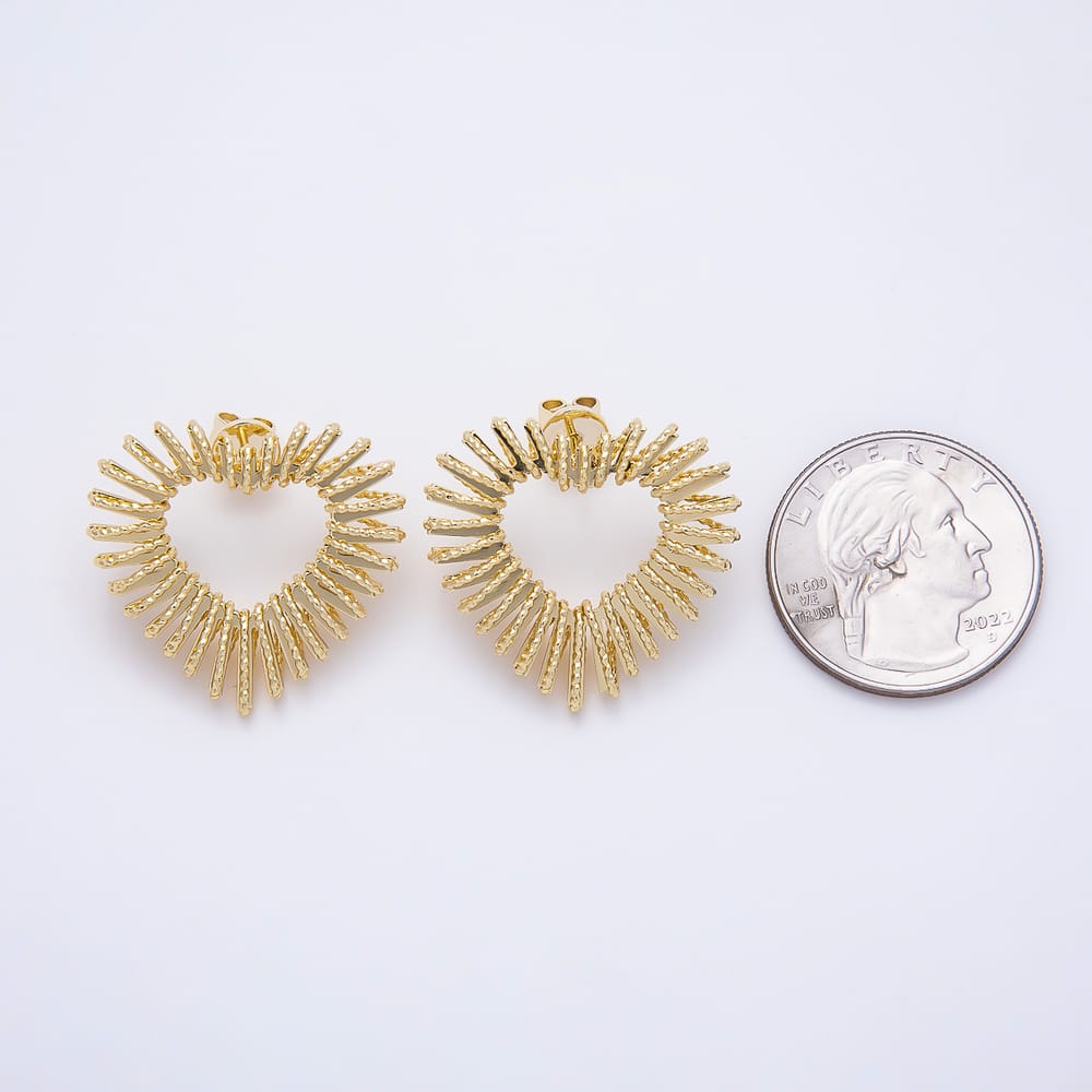 16K Gold Filled 27mm Sunburst Love Heart Ribbed Open Stud Earrings| Earrings-00896
