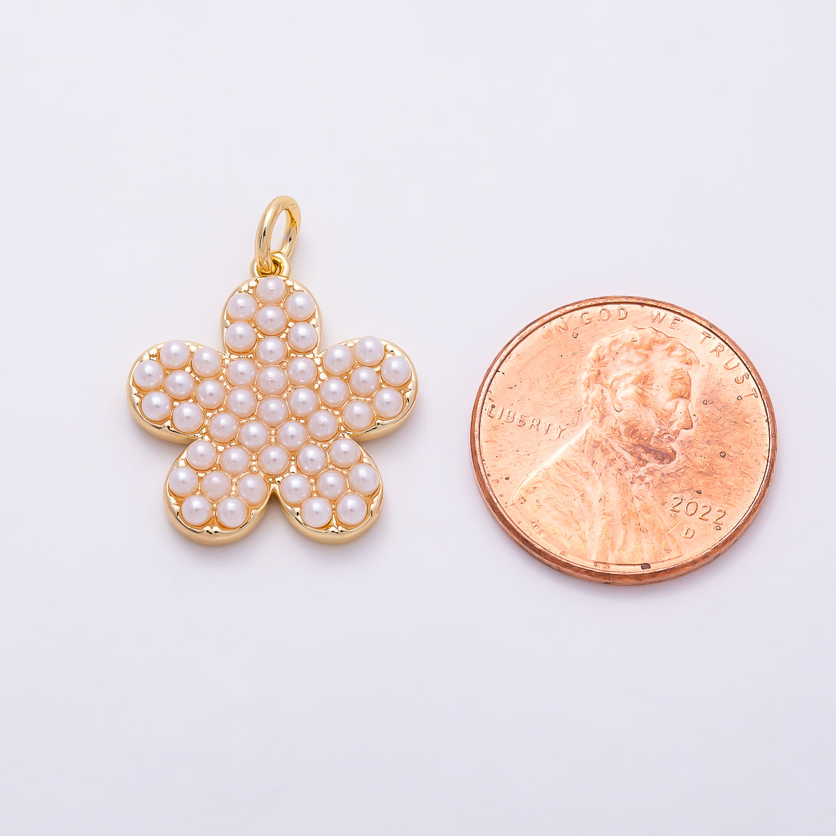 16K Gold Filled 19mm Micro Paved Shell Pearl Five-Petal Flower Charm | Charms-01686 - Charms-01687
