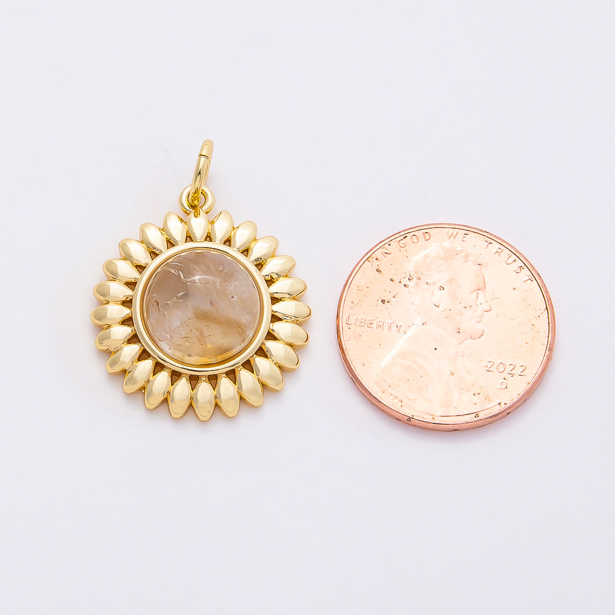 16K Gold Filled 21mm Moonstone Cabochon Gemstone Sunflower Charm | Charms-00765