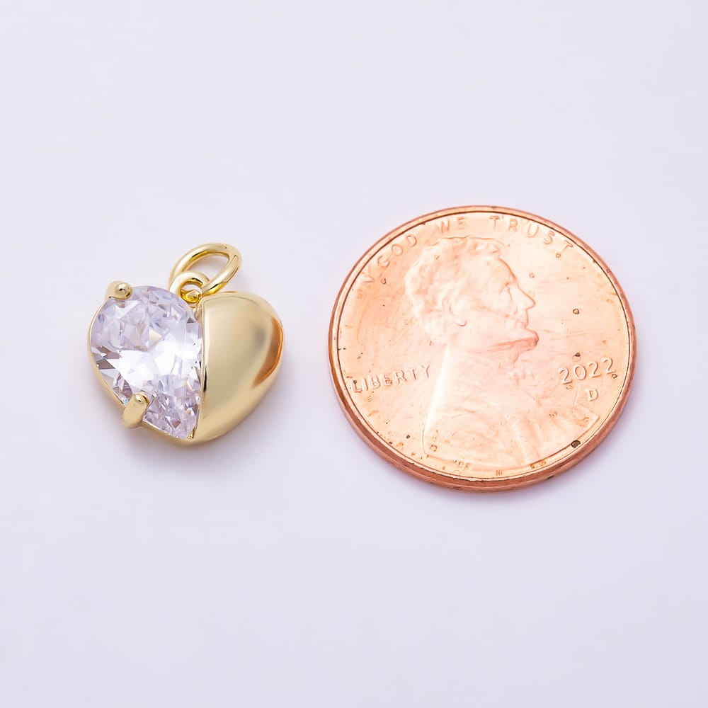 16K Gold Filled 12mm Puffed Gold & Heart Cut Clear CZ Charm | Charms-02170