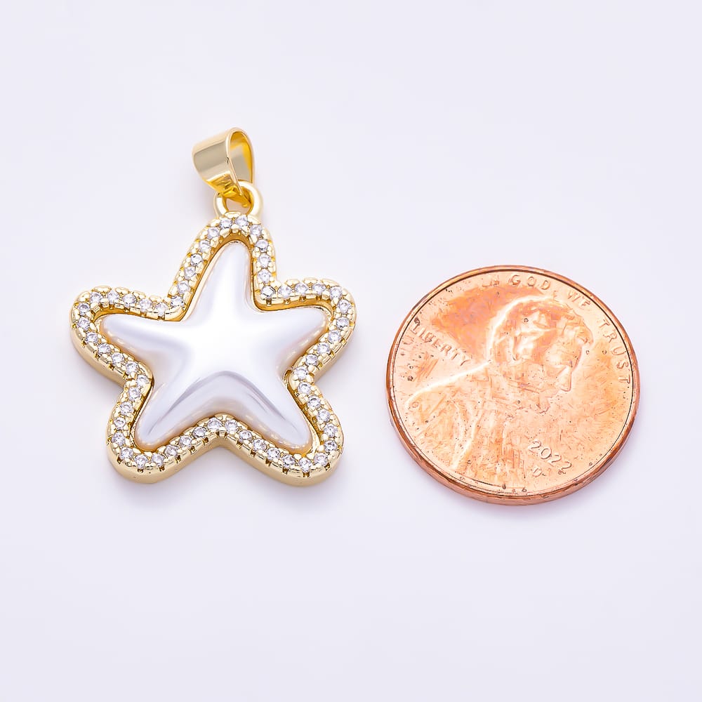 16K Gold Filled 24mm Shell Pearl Micro Paved CZ Starfish Pendant | Charms-02228