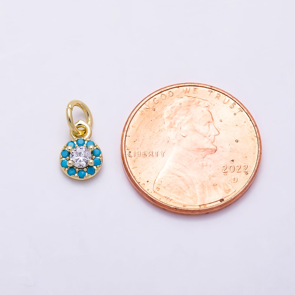 16K Gold Filled 8mm Clear Round CZ Turquoise Circle Charm | Charms-02175