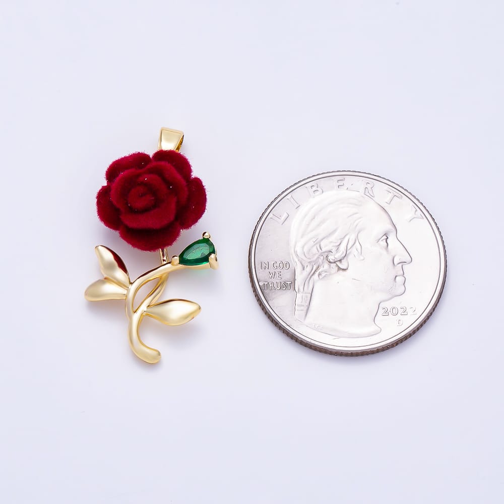 16K Gold Filled 27mm Green Teardrop CZ 3D Red Flocked Rose Flower Pendant | Charms-02221