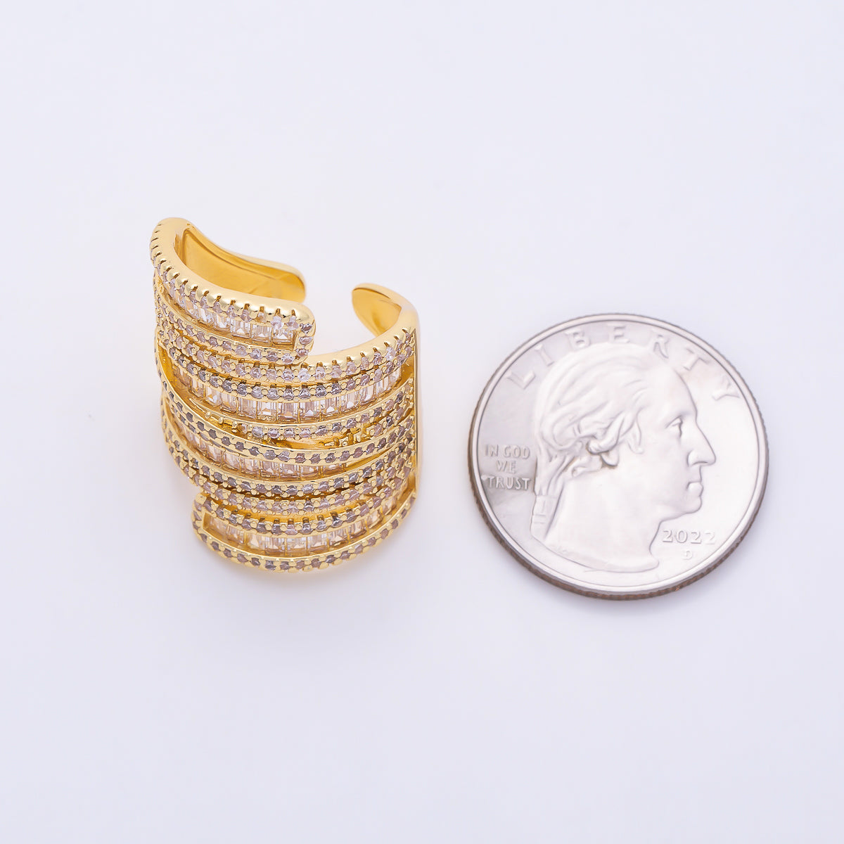 16K Gold Filled Multi-Row Baguette & Round CZ Layered Statement Adjustable Ring | Rings-00347