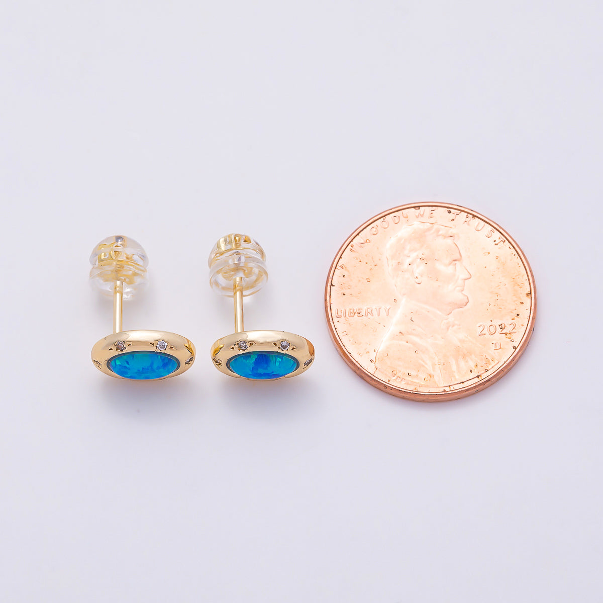 16K Gold Filled 14mm White, Blue Opal CZ Dotted Oval Bezel Stud Earrings | Earrings-00462- Earrings-00463