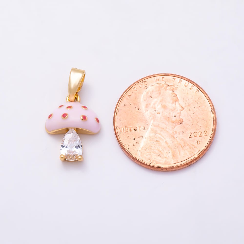 16K Gold Filled 13mm Pink Enamel Teardrop CZ Mushroom Pendant | Charms-02341
