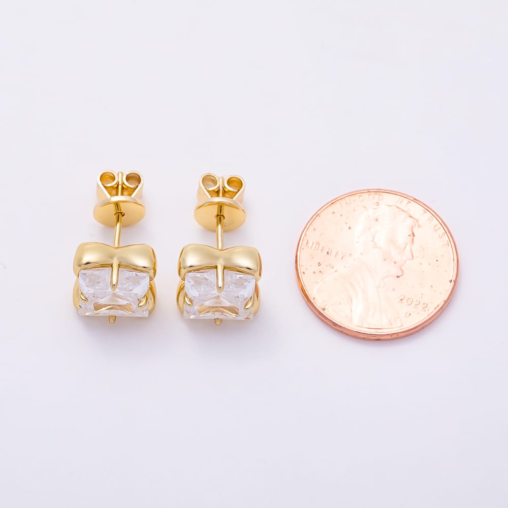 16K Gold Filled 19mm Princess Cut Clear CZ Four-Petal Flower Stud Earrings| Earrings-00912