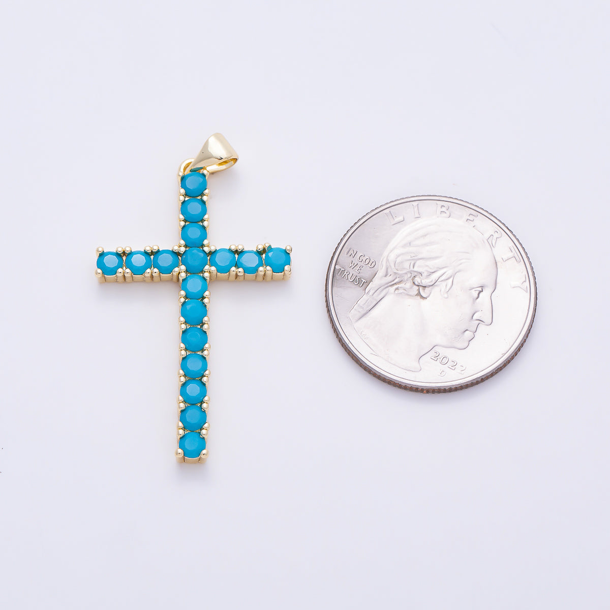 16K Gold Filled 37mm Turquoise Micro Paved Cross Religious Pendant | Charms-01653