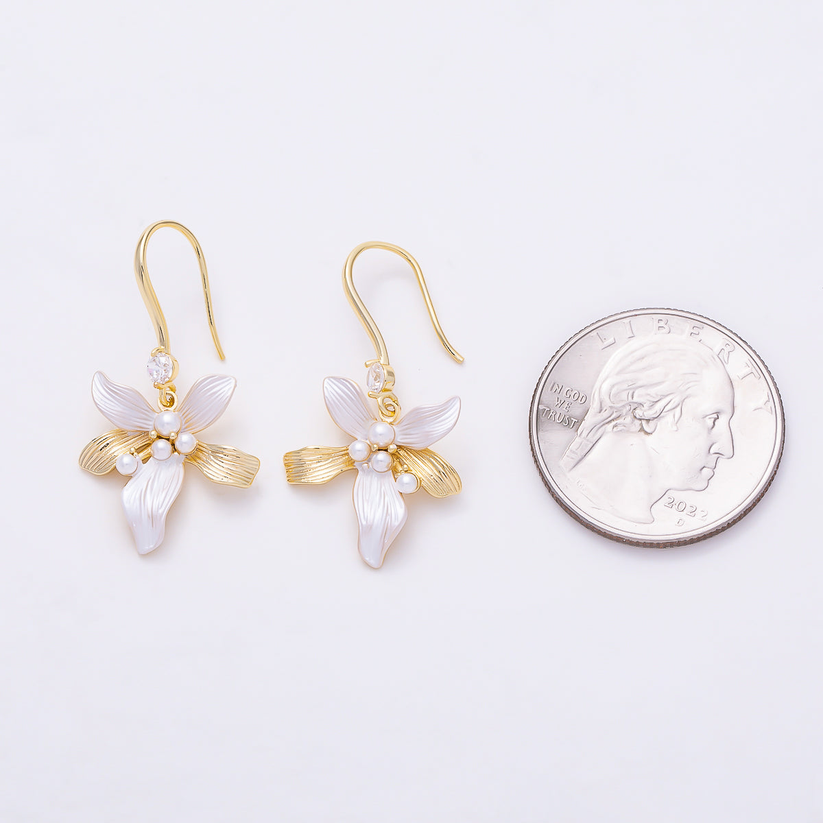 16K Gold Filled 31mm Shell Pearl Clear CZ White Enamel Flower Drop Earrings in Gold & Silver | Earrings-00843 - Earrings-00844
