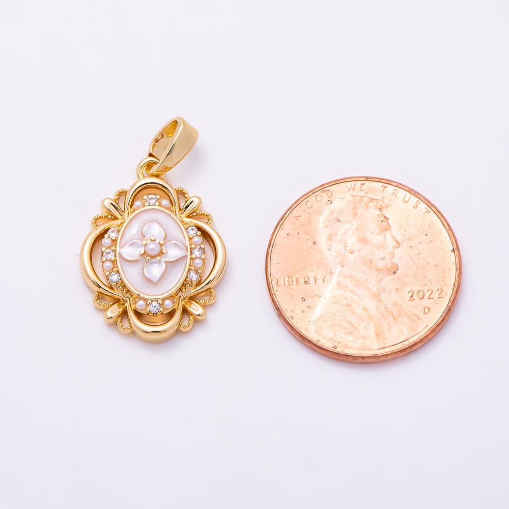 16K Gold Filled 18mm Clear CZ White Enamel Shell Pearl Flower Oval Artisan Pendant in Gold & Silver | Charms-02331 Charms-02332