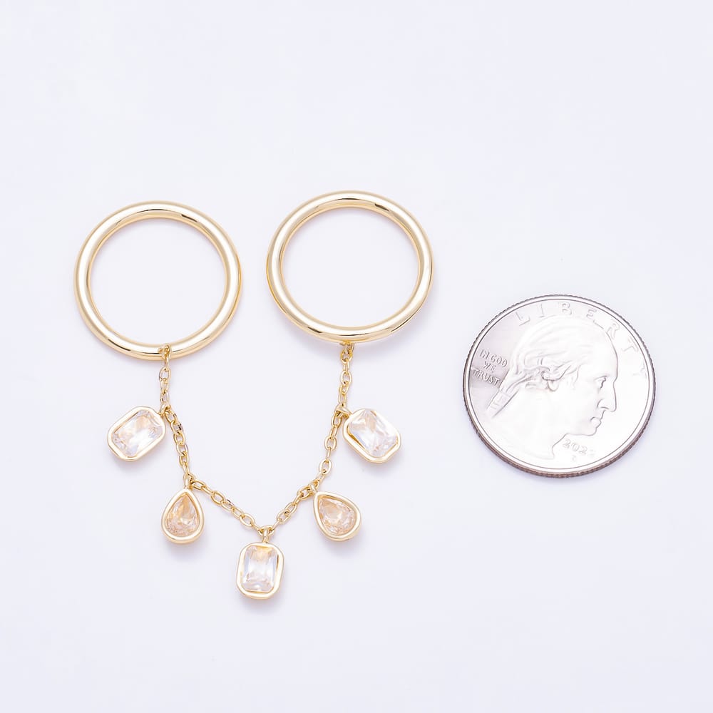 16K Gold Filled Clear CZ Oval Teardrop Baguette Bezel Chain Double Finger Ring | Rings-00424