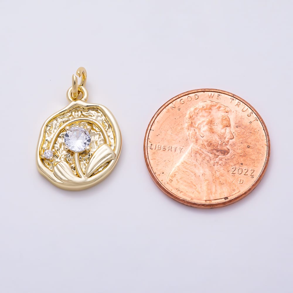 16K Gold Filled 16mm Clear CZ Irregular Hammered Coin Flower Charm | Charms-02133